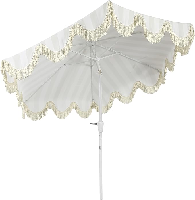 JONATHAN Y UMB1001 Collins 9 ft. Classic Cottage Tassel Market Patio Umbrella with Auto-Tilt, Crank, Wind Vent and UV Protection