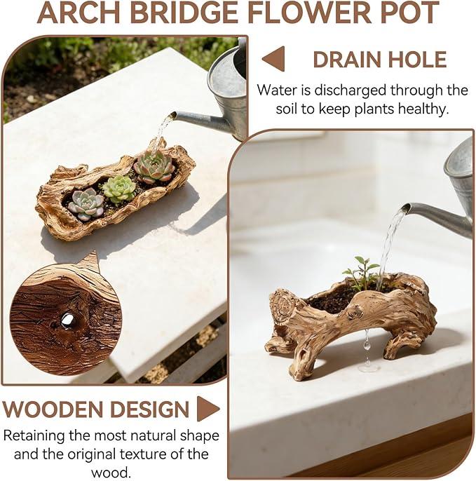 Artificial Driftwood Planter, Resin Tree Root Stump Succulent Pot with Drainage Hole, Vintage Log Shape Container for Cactus Herbs, Rustic Home Garden Decoration (14.6 Inch)