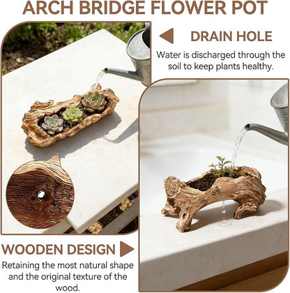 Artificial Driftwood Planter, Resin Tree Root Stump Succulent Pot with Drainage Hole, Vintage Log Shape Container for Cactus Herbs, Rustic Home Garden Decoration (14.6 Inch)