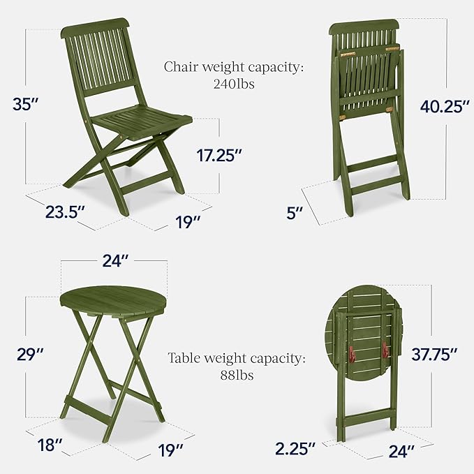 Best Choice Products 3-Piece Acacia Wood Bistro Set, Folding Patio Furniture for Backyard, Balcony, Deck w/ 2 Chairs, Round Coffee Table, Teak Finish - Olive