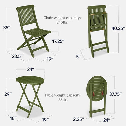 Best Choice Products 3-Piece Acacia Wood Bistro Set, Folding Patio Furniture for Backyard, Balcony, Deck w/ 2 Chairs, Round Coffee Table, Teak Finish - Olive