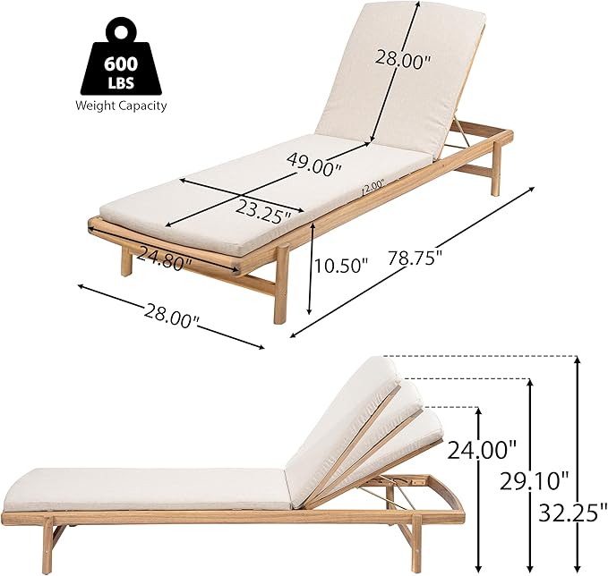 Christopher Knight Home Brolen Acacia Wood Chaise Lounge Chair Outdoor Set of 2, Patio Outdoor Chaise Lounge with Cushions, Adjustable Backrest Lounge Sofa, Wooden Sunbathing Pool Lounger, Teak+Beige