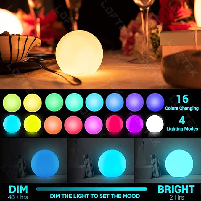 LOFTEK LED Night Light Ball, 8-inch Dimmable Globe Light with Remote（1P）+6-inch LED Portable Dimmable Floating Pool Lights Ball, Cordless with Remote, 16 RGB Colors & 4 Modes (1 P)