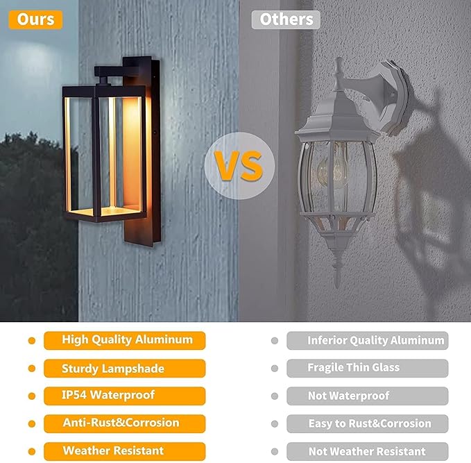 Outdoor Wall Sconce, Exterior Waterproof Wall Lantern Light Fixtures, Dark Porch Lights with Clear Glass Shade, Waterproof Aluminum Front Door Wall Mount Lighting for Garage Garden Patio, 2 Pack