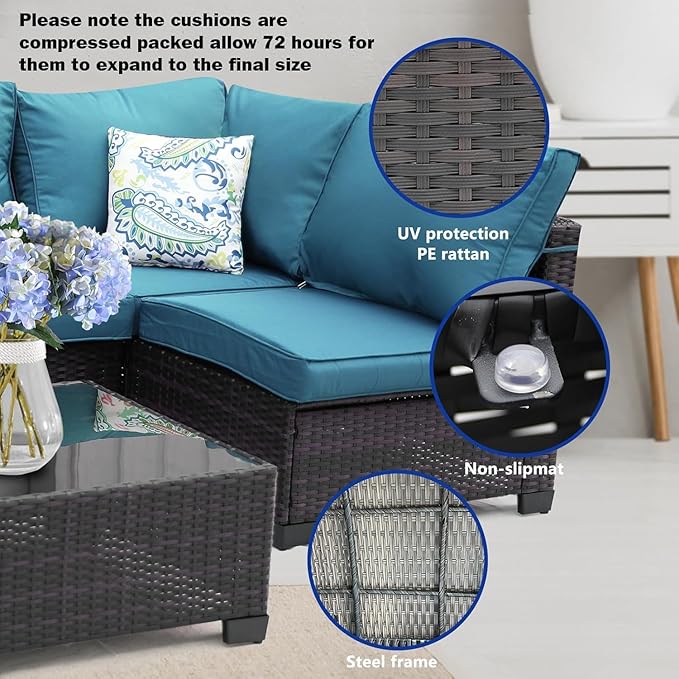 8 Pieces Patio Sets with 28" Gas Fire Pit Table Wicker Rattan Outdoor Furniture Set Conversation Set with Garden,Balcony,Pool, Deck (Brown & Peacock Blue, 8pcs Set)