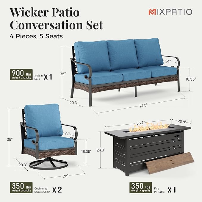 Patio Furniture Set with Firepit Table, Black Frame Outdoor Conversation Set with 2 x Swivel Chairs, 1 x 3-Seat Sofa for Lawn Garden Backyard, Navy Blue