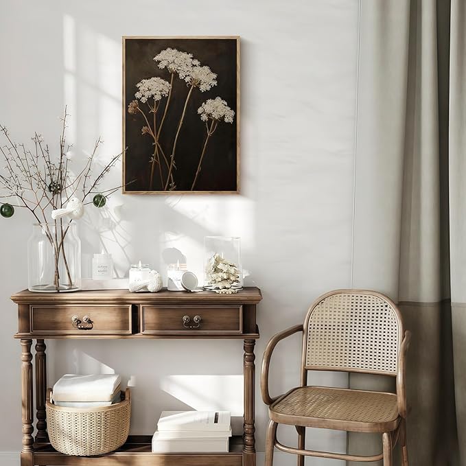 Vintage Canvas Wall Art White Flowers Wall Decor Landscape Country Wildflowers Painting Farmhouse Picture Modern Print Rustic Floral Prints Living Room Bedroom Bathroom 12x16 Inch Framed