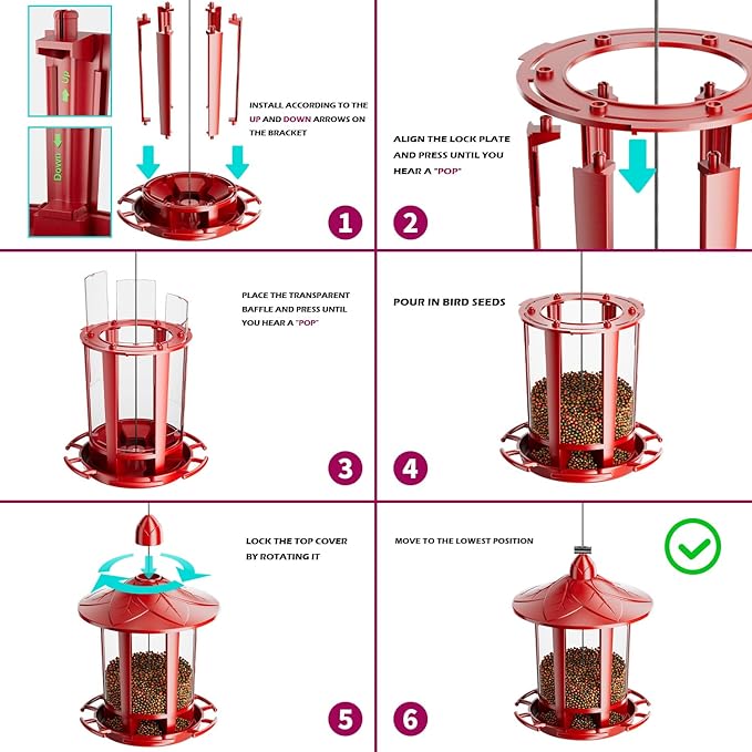 Birdream Bird Feeders for Outdoor Hanging, Assembly Required, 1-Min Easy Setup, Charming Castle Design, Attracting Cardinals Chickadees Goldfinches & Sparrows - Red