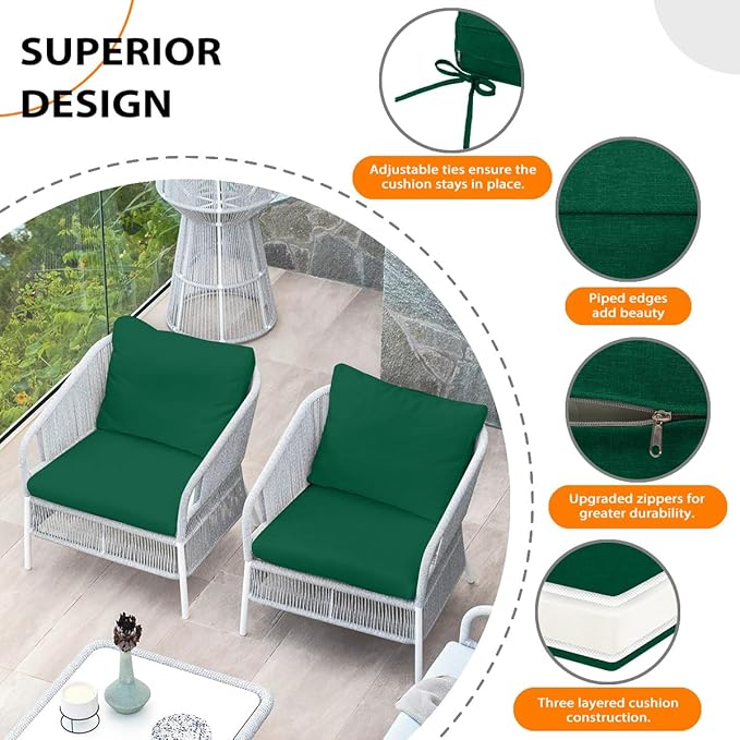 Sundale Outdoor Olefin Deep Seat Cushion Set of 2, Patio Chair Cushion and Pillow, Water-Resistant Sectional Sofa Pad with Straps Dark Green, 23 x 26 x 4 Inches