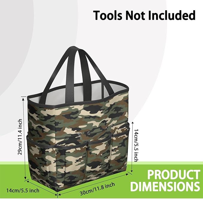 Green Camo Garden Tool Bag - Waterproof Garden Tote with 8 Pockets, Large Storage Home Organizer Gardening Tool Oxford Bag for Garden Tools Kits Holder, Ideal Outdoor Gardening Gift for Women & Men