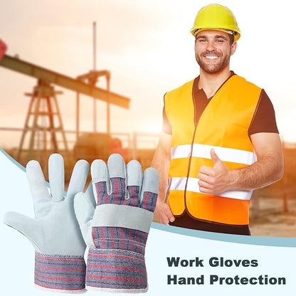 Jiuguva 24 Pairs of Work Gloves Cotton Leather Gloves Safety Cuff Gardening Work Hands with Heavy Duty Reinforced Palms Gardening for Men Women, Red and Blue