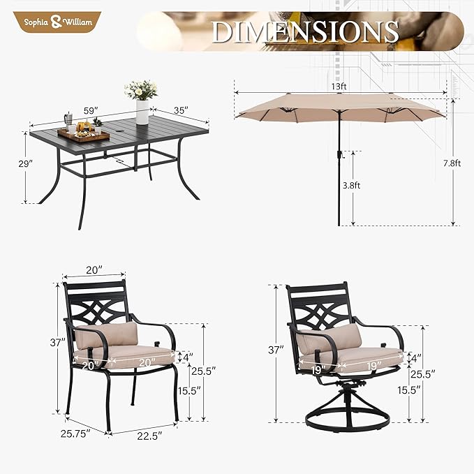 Sophia & William Patio Dining Set for 6 | 13ft Patio Umbrella Beige | 4 Fixed Chairs | 2 Swivel Patio Dining Chairs | Removable Seat Cushions | Black 59" Patio Dining Table