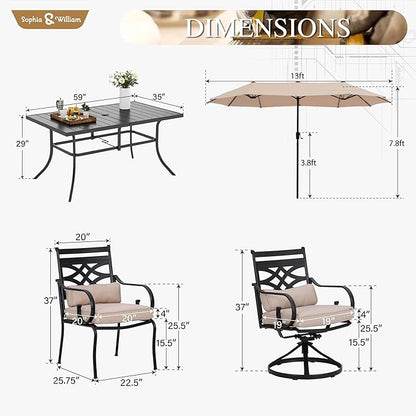 Sophia & William Patio Dining Set for 6 | 13ft Patio Umbrella Beige | 4 Fixed Chairs | 2 Swivel Patio Dining Chairs | Removable Seat Cushions | Black 59" Patio Dining Table