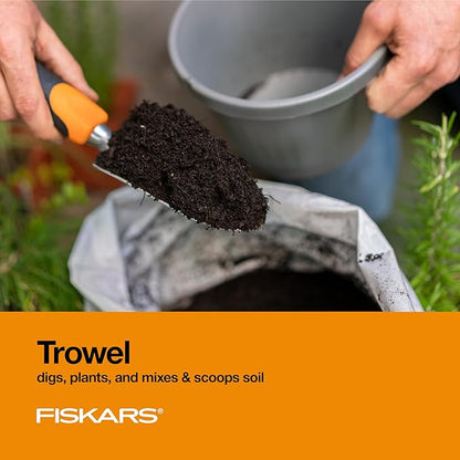 Fiskars 3-in-1 Garden Tool Set, Polished Cast-Aluminum Heads for Rust Resistance, Heavy-Duty Trowel, Transplanter & Cultivator for Digging and Planting, Non-Slip SoftGrip Handles Reduce Fatigue