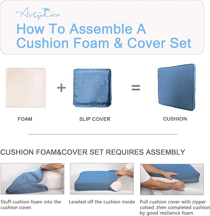 ARTPLAN Outdoor Deep Seating Cushions with Backrest Set, All-Weather Waterproof Patio Sofa Cushions for Sectionals, High-Resilience Foam Garden Furniture Cushion Cover,Warm Blue