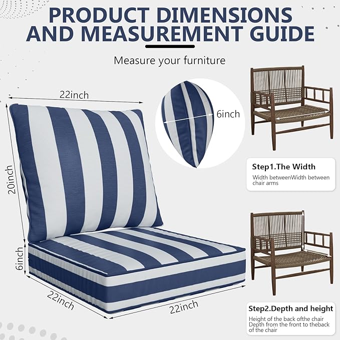 22" x 22" x 6" Outdoor Deep Seat Cushions Set - 2 Set Waterproof & Fade Resistant Patio Furniture Replacement Cushions, Non-Slip Outdoor Cushions Fit Loveseats, Couches, Chairs, and Sofas.