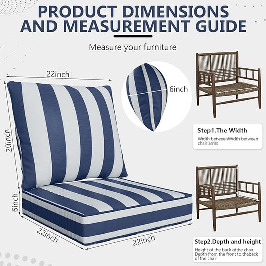 22" x 22" x 6" Outdoor Deep Seat Cushions Set - 2 Set Waterproof & Fade Resistant Patio Furniture Replacement Cushions, Non-Slip Outdoor Cushions Fit Loveseats, Couches, Chairs, and Sofas.