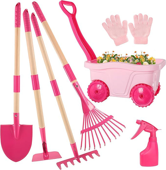 Kids Gardening Tools Outdoor Toys Set - Wheelbarrow Backyard Play Set for Kids with Shovel, Rake, Leaf Rake, Summer Yard Digging Weed Toys, Easter Birthday Gifts for Boys Girls Age 2 3+ Years Old