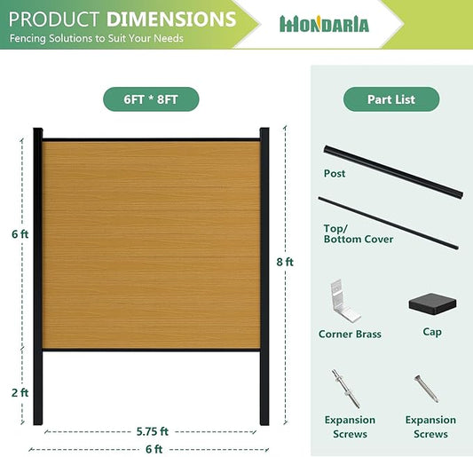 Mondaria Fence Privacy Screen with 8ft In-ground Posts, 6ft(H) x30ft(W) Wood Plastic Composite Fence Panels Weather-Resistant Outdoor Fence for Backyard/Garden (Yellow Teak, 6 Posts)