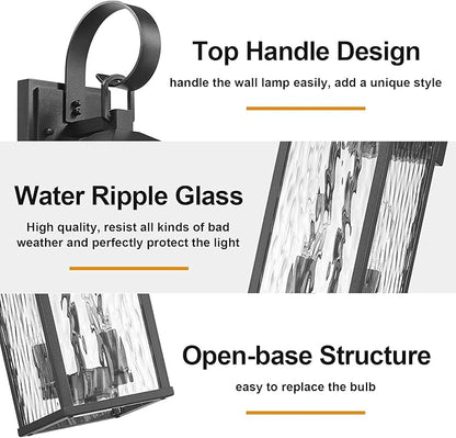 Porch Lights Outdoor Wall Light Fixtures Wall Mount, Modern Exterior Lighting Fixtures with Water Ripple Glass Waterproof, 2-Light E12 Sockets Outside Garage Lights for House Patio Porch