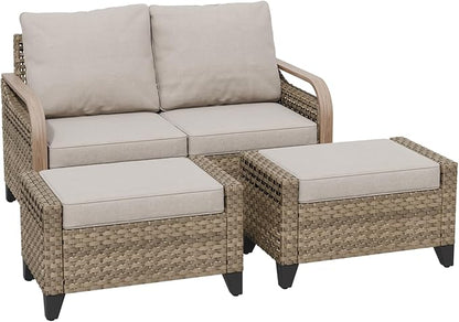 COOS BAY Modern Wicker Outdoor Furniture Set, Patio Conversation Set with 2 Seat Loveseat, and Ottomans, 3 Piece, Brown/Gray