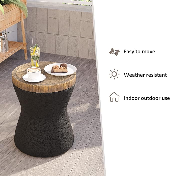 HOMPUS Outdoor Concrete Side Table Sets of 2, 2 Pieces Black Round Patio End Table, Small Outdoor Accent Table, Hourglass Shaped Garden Stool for Paito, Outside, Black