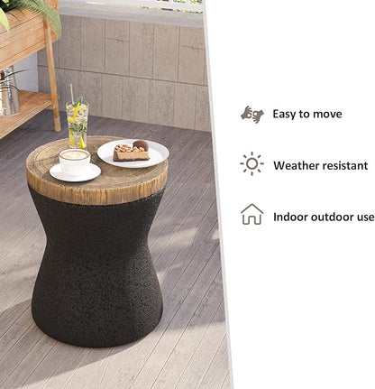 HOMPUS Outdoor Concrete Side Table Sets of 2, 2 Pieces Black Round Patio End Table, Small Outdoor Accent Table, Hourglass Shaped Garden Stool for Paito, Outside, Black