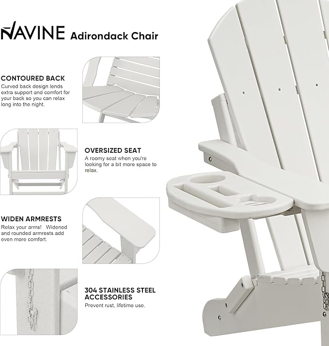 Adirondack Chair Set of 4, HDPE Folding Adirondack Chair with Multifunctional Cup Holder, Weather Resistant Fire Pit Chair for porches, patios, poolsides, Decks.