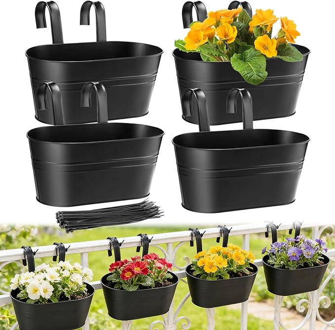 MADHOLLY Railing Planter with Drainage Holes - Sturdy Bucket Pots for Railing Fence, Countryside Style Metal Flower Pots for Herbs Balcony Garden Yard Decor, 4Pcs, Black