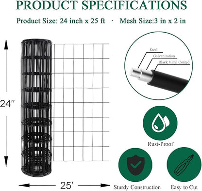 Black PVC Coated Welded Wire Fence 24 Inch x 25 Foot, 2 Inch x 3 Inch 16GA, Garden Border Fencing Roll Vinyl Coating Metal Wire Mesh for Yard Vegetable Plant Protection Poultry Netting