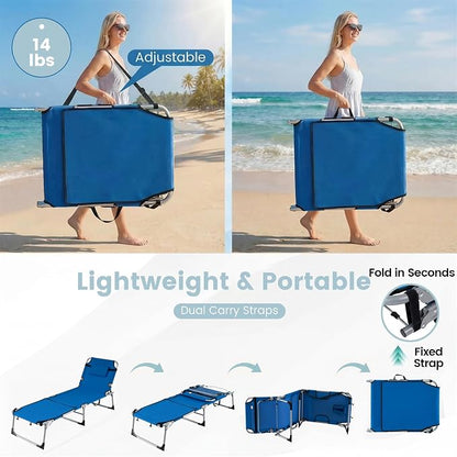 Giantex Tanning Chair, 330Lbs Patio Lounge Chair with 5 Adjustable Position, Face & Arm Hole, Hand/Shoulder Strap, Removable Pillow, Side Pocket, Chaise Lounger for Beach Sunbathing Outdoor, Blue