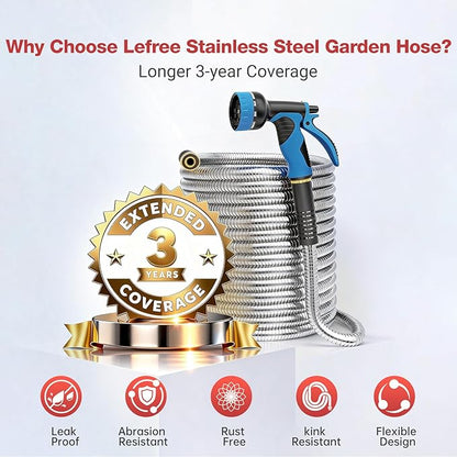 Lefree 100ft Metal Garden Hose - Heavy Duty 304 Stainless Steel Flexible Water Hose, No Kinks & Leak-Proof with Upgraded Handle, 10-Function Spray Nozzle & 4 Spare Gaskets for Yard, RV, Pet Bath