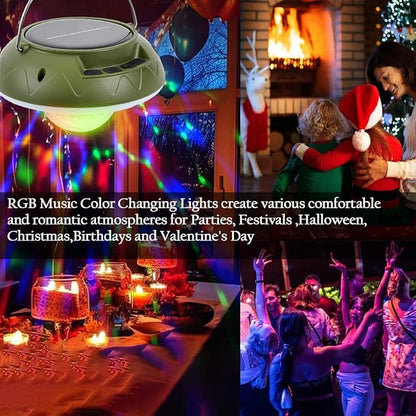 2 Pack Solar Camping Lights & Lantern DJ Disco Ball, RGB Color Changing Tent Light, Music Sync Strobe Party Lights, USB Rechargeable Portable Hanging Lamp, Waterproof for Outdoor Christmas Decor Gifts