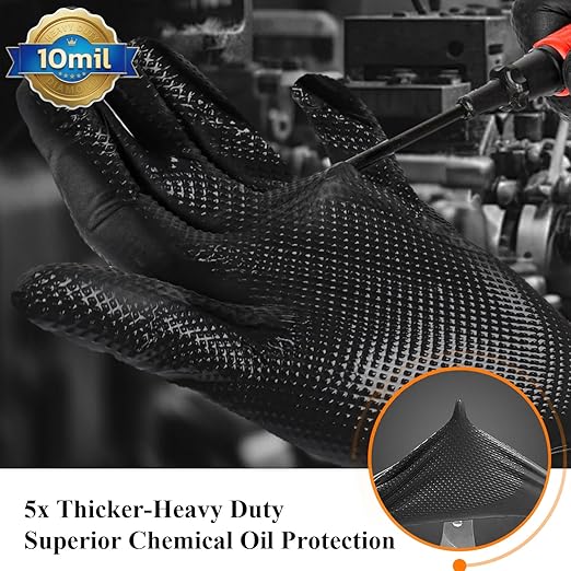 10mil Heavy Duty Nitrile Gloves Large Black Disposable Rubber Gloves with Diamond Grip Anti Chemical Puncture Resistant Mechanics Guantes for Men/Auto repair/Cooking/Food Grade-Latex Free-100