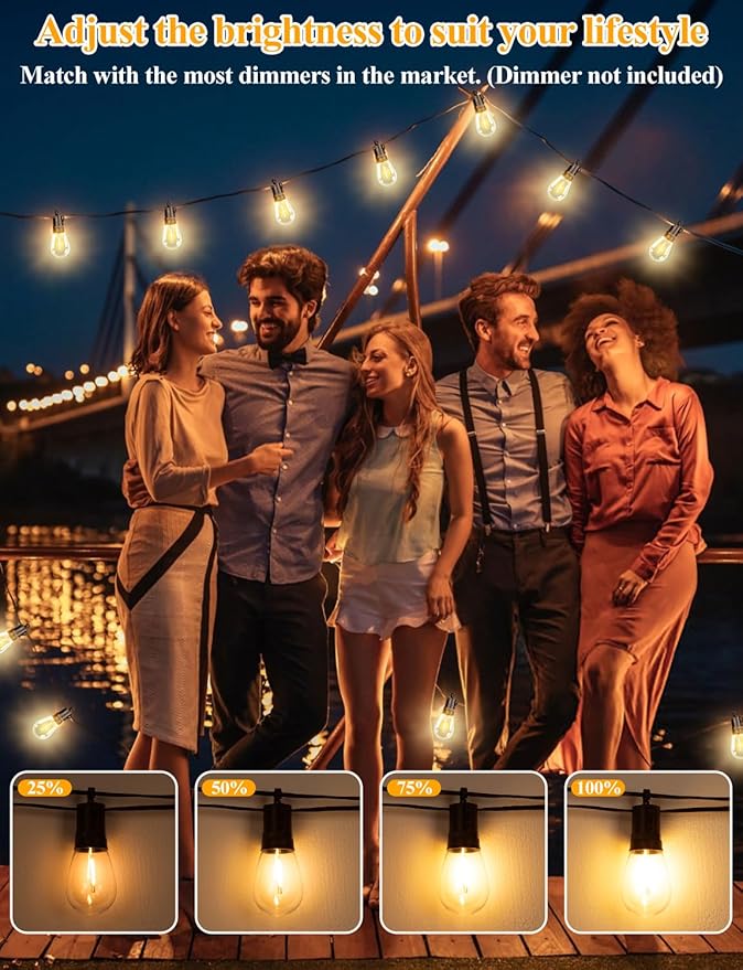 Brightever Outdoor String Lights Waterproof, 200FT Extra-Long LED Patio Lights with 62 Shatterproof S14 LED Bulbs, Vintage Edison String Lights for Outside, 2700K Warm White Deck Lights for Party