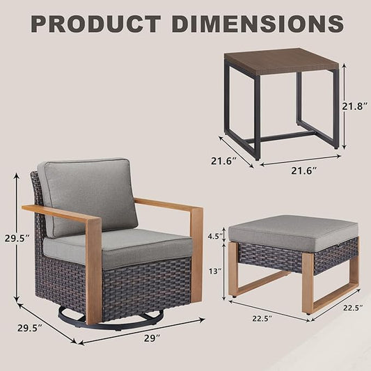 Rilyson Outdoor Wicker Patio Furniture Set - 5 Piece Patio Conversation Set with 2 Wicker Swivel Rocker Chairs,2 Ottoman, 1 Side Table, Thick Cushions, Deep Seating, Wide Armrest(Brown/Grey)