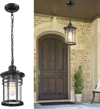 Darkaway Outdoor Pendant Lights for Porch, Outdoor Chandelier Hanging Porch Lights Ceiling Mount Aluminum with Seeded Glass for Front Porch Gazebo Patio (Medium, Black)