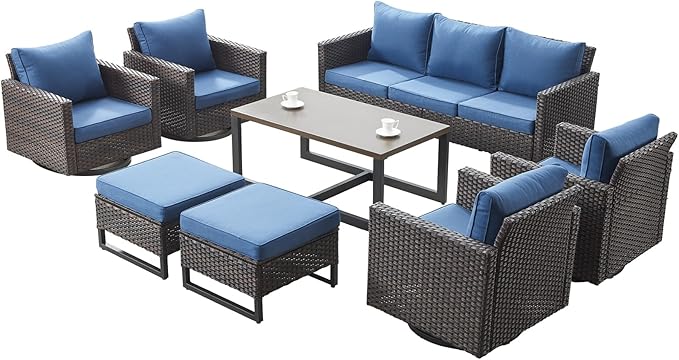 Rilyson Wicker Outdoor Patio Furniture Set - 8 Piece Patio Conversation Set with 4 Swivel Rocker Chairs,2 Rattan Ottoman,1 Couch and 1 Metal Coffee Table for Outside Porch Deck Backyard(Brown/Blue)