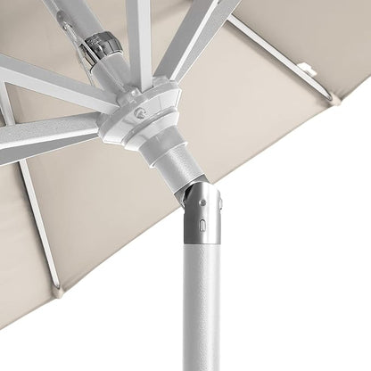 California Umbrella 5-Year-Non-Fading, 9Ft Premium Patio Umbrella, Hand-Crank, Button-Tilt, White Frame, Solution Dyed Beige Fabric