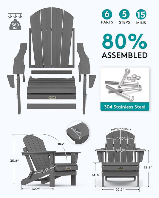 SERWALL Folding Adirondack Chair Set of 6 Weather Resistant Patio Chairs with Wood Texture Fire Pit Chairs- (Folding Gray)