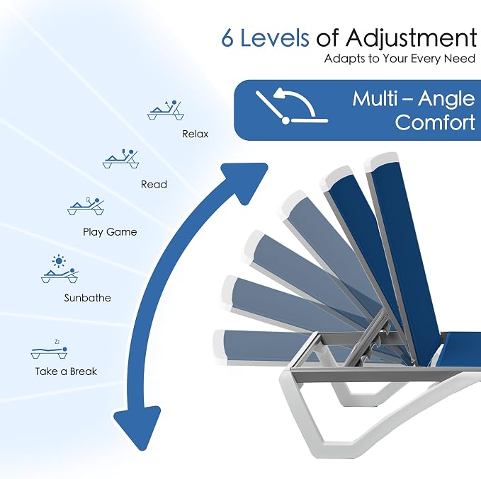 Kozyard 3-Piece Outdoor Chaise Lounge Set Fully Flat Adjustable Lounger | Aluminum Frame, Resin Legs, Textilene Fabric for Poolside, Backyard, Beach, Blue, 2Chairs +Table