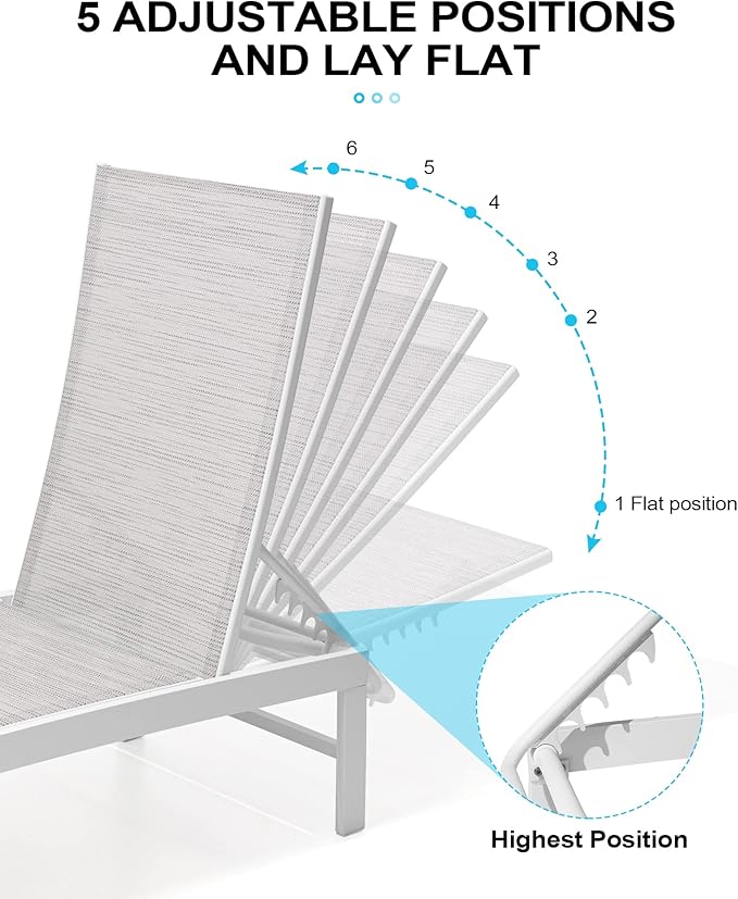 Crestlive Products Lounge Chair Outdoor Set of 2, Aluminum Pool Chaise Lounge Chairs, Adjustable Five-Position Tanning Recliner, All Weather for Patio, Beach, Yard, Pool (Multi-Color)