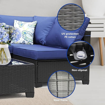 8 Pieces Patio Furniture Set with 28" Fire Pit Table, Wicker Outdoor Sectional Couch, Rattan Conversation Set for Backyard, Deck, Garden Lawn, Coffee/Blue