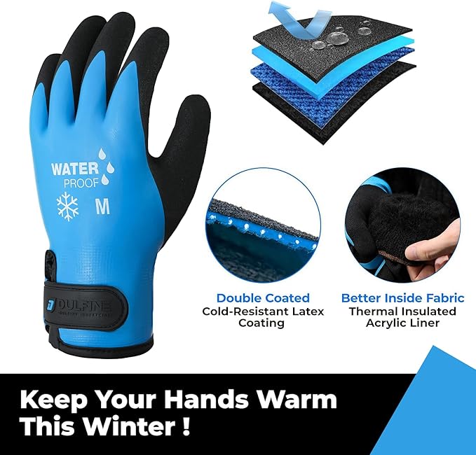 DULFINE 100% Waterproof Winter Work Gloves for Men and Women,Foam Latex Coated and Thermal Insulated Gloves for Cold Weather