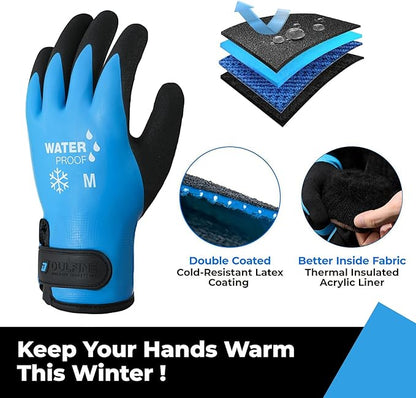 DULFINE 100% Waterproof Winter Work Gloves for Men and Women,Foam Latex Coated and Thermal Insulated Gloves for Cold Weather