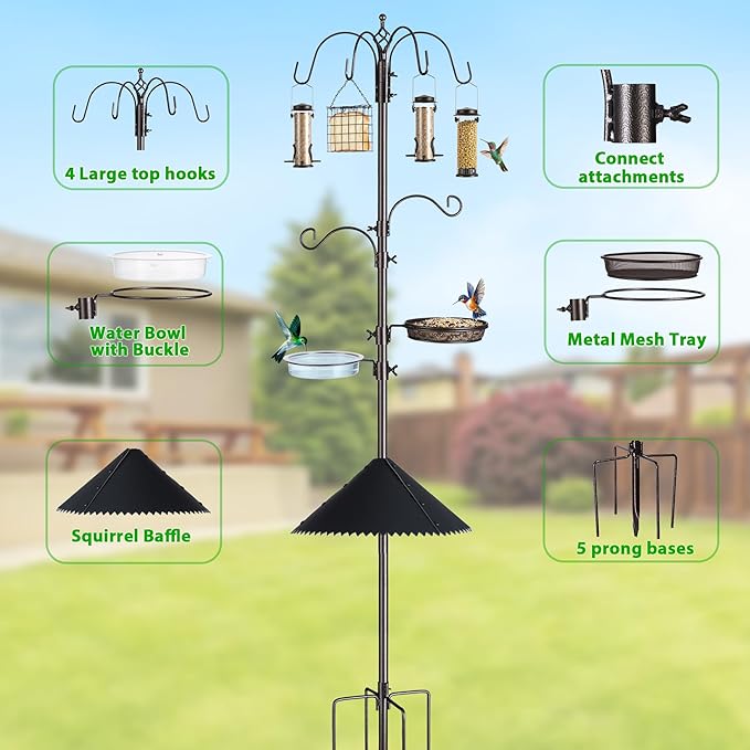 Bird Feeding Station Kit, 94 Inch, 6-Hook, with Squirrel Baffle, Metal Birds Feeder Stand Pole with Bird Bath and Mesh Tray, Freestanding 5-Prong Base
