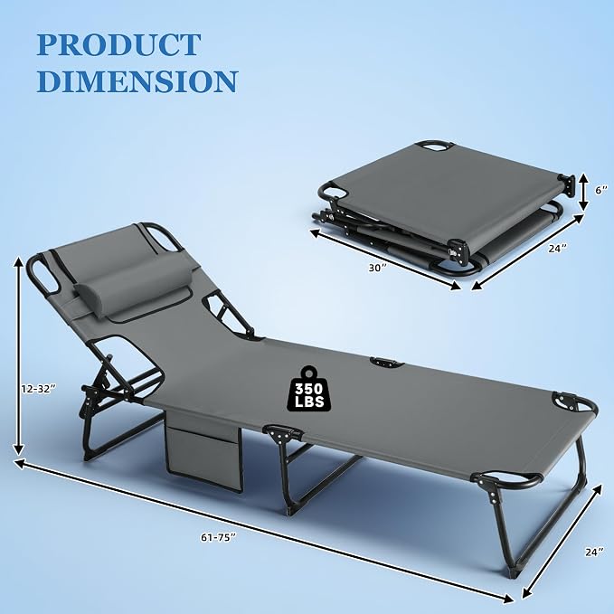 3-in-1 Sun Tanning Chair with Face Holes, Folding Chaise Lounge Chairs, 5-Position Adjustable Lounge Chair Outdoor with 2 Side Pocket & Pillow, for Pool Beach, Patio, Camping, Grey