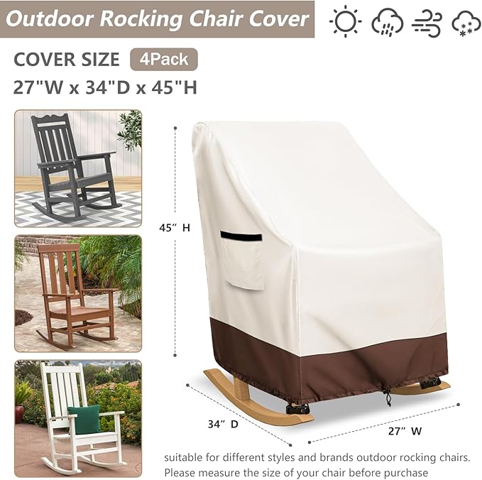 Rocking Chair Cover 4 Pack 600D Heavy Duty Waterproof - Patio Furniture Covers for Outdoor Rocking Chairs - All Weather Protection 27x34x45 Inches Beige