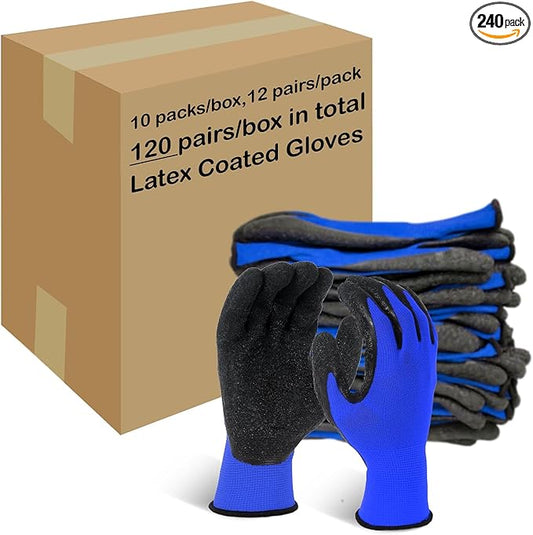 Evridwear Crinkle Latex Rubber Hand Coated Safety Work Gloves for Men Women General Multi Use Construction Warehouse Gardening Assembly Landscaping,Medium Blue 120 Pairs Pack