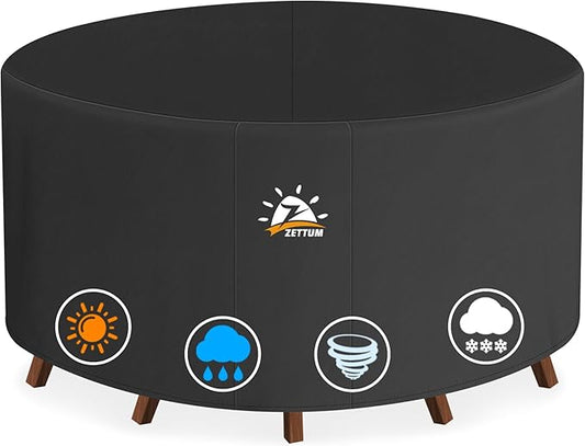 Zettum Round Patio Table Cover 110 Inch - 600D Outdoor Furniture Cover Round Waterproof & Heavy Duty, Lawn Furniture Set Covers Large for Outside Dining Table and Chairs Seating - 110 x 110 x 28 Inch